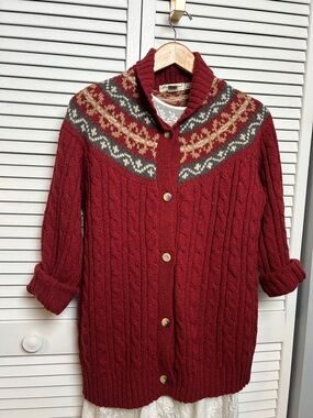 Vintage Eddie Bauer Maroon Cable Knit Cardigan with Fair Isle Yoke wool blend M